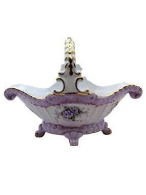 Cracker Barrel Footed Porcelain Basket Candy Dish Purple Violets Roses Floral